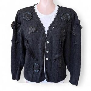 Vintage 80s Apart Brand Black Floral Beaded Knit Cardigan
